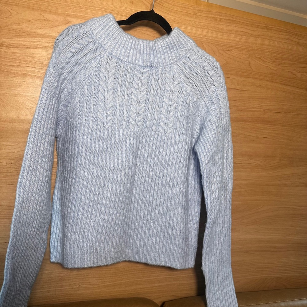 FRNCH Paris Light Blue Cable Knit Mock Neck Sweater Open Back Bow Tie S/M